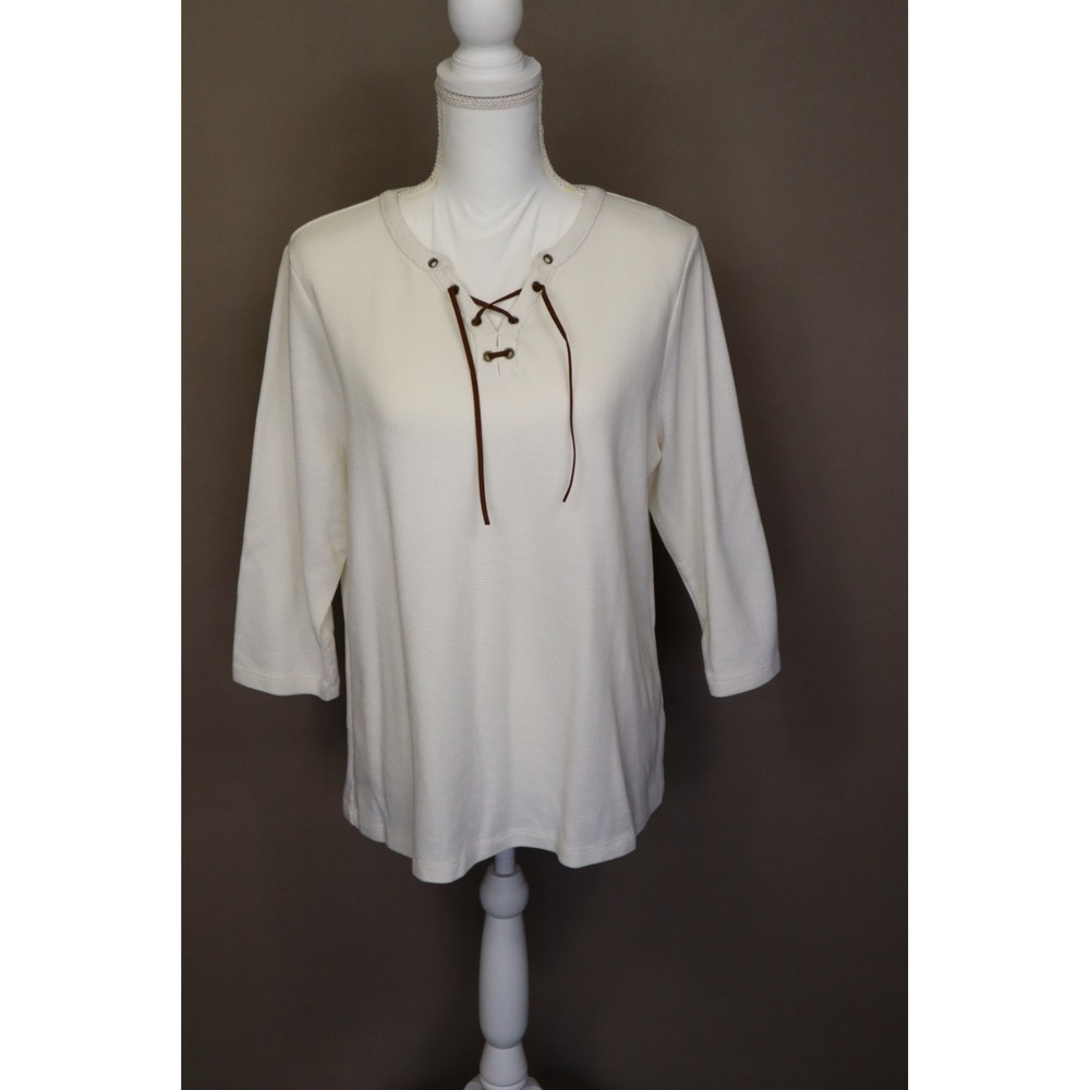 D&Co Women's Waffle Weave Tunic with Leather Lace Uo Neckline Size‎ L
